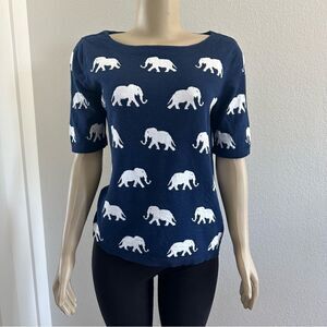 Talbots Short Sleeve Sweater Navy Elephants Pullover Top Rayon Cotton safari